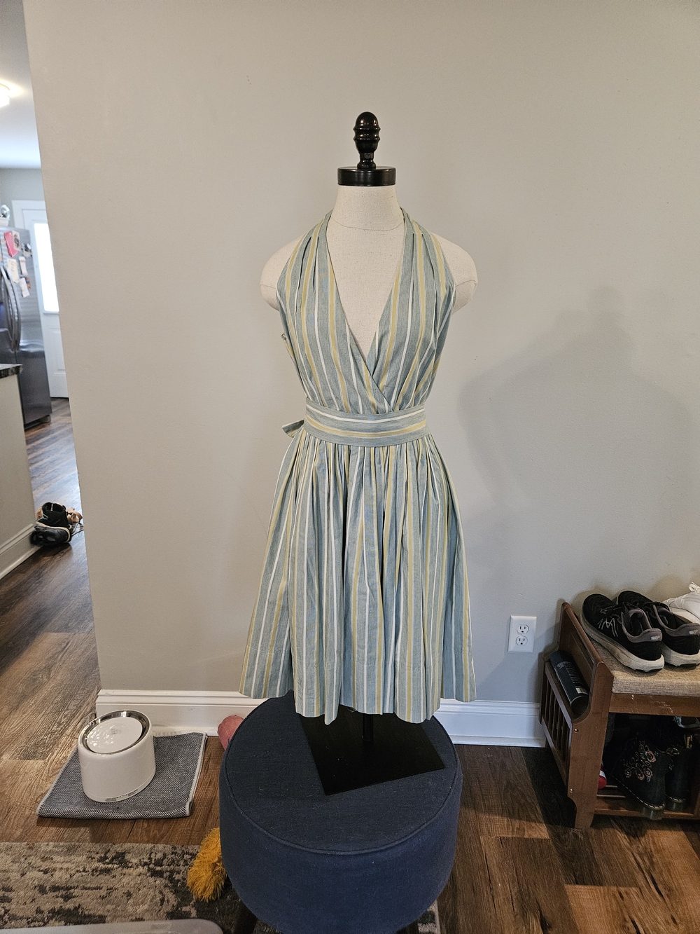 VINTAGE Steve Madden Striped Halter Dress in Blue and Cream